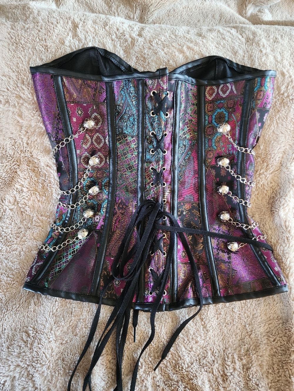 Purple Patchwork Brocade Corset with Silver Chains - Picture 3 of 3